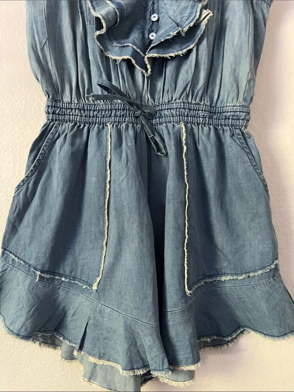 Free People Light Blue Washed Denim Ruffle Romper - Picture 7 of 16